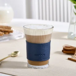 Best Leather Cool Touch Latte Coffee Glass, 210 Ml, Navy Blue Coffee Glasses