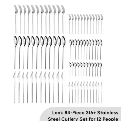 Outlet Look 84-Piece 316+ Stainless Steel Cutlery Set for 12 People, Silver Cutlery Sets