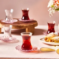 Sale Luna 12-Piece Turkish Tea Set for 6 People, 130ml, Light Pink Turkish Tea Sets
