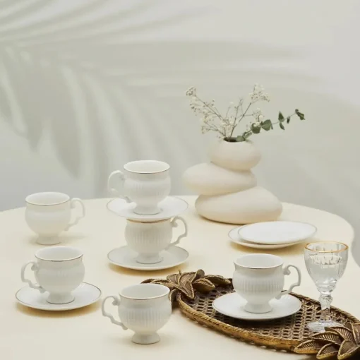 Outlet Malta 12-Piece Porcelain Espresso Turkish Coffee Cup Set for 6 People, 100ml, White Gold Espresso & Turkish Coffee Cup Sets