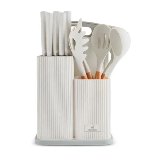 Sale Massimo 12-Piece Knife Block Set, Chopping Board and Kitchen Utensil Set, Cream Knife Sets