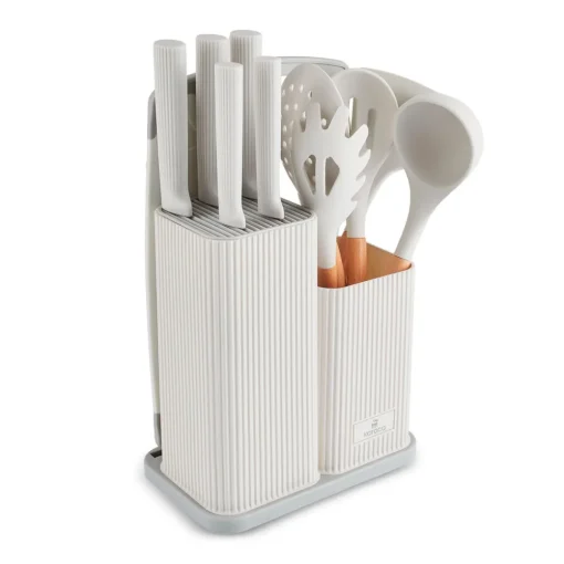 Sale Massimo 12-Piece Knife Block Set, Chopping Board and Kitchen Utensil Set, Cream Knife Sets