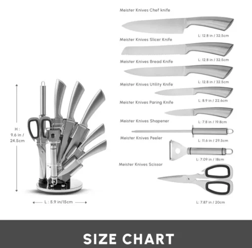 Hot Meister Bremen 9-Piece German Stainless Steel Knife Set with Stand, Silver Knife Sets