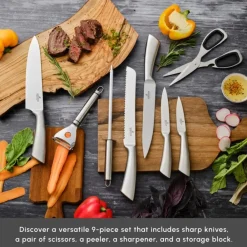 Hot Meister Bremen 9-Piece German Stainless Steel Knife Set with Stand, Silver Knife Sets