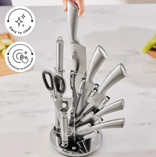 Hot Meister Bremen 9-Piece German Stainless Steel Knife Set with Stand, Silver Knife Sets