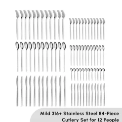 Sale Mild 84-Piece 316+ Stainless Steel Cutlery Set for 12 People, Silver Cutlery Sets