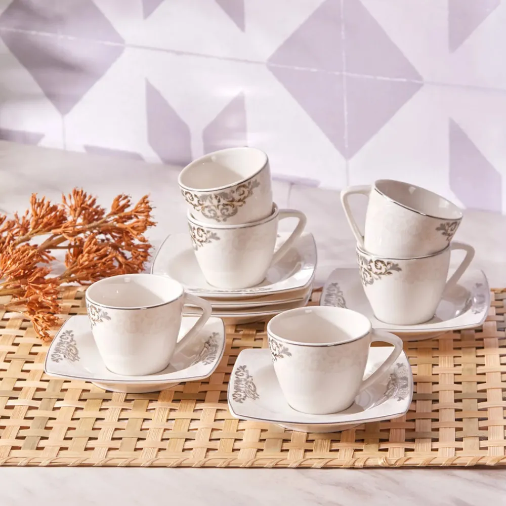 Best Nazende 12 Piece Porcelain Espresso Turkish Coffee Cup Set for 6 People, 80ml, White Platinum Espresso & Turkish Coffee Cup Sets