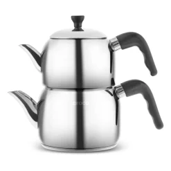 New Nero Stainless Steel Midi Size Teapot Set, Large, Silver Turkish Teapots