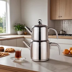 New Mani Stainless Steel Midi Size Teapot Set, Large, Silver Turkish Teapots