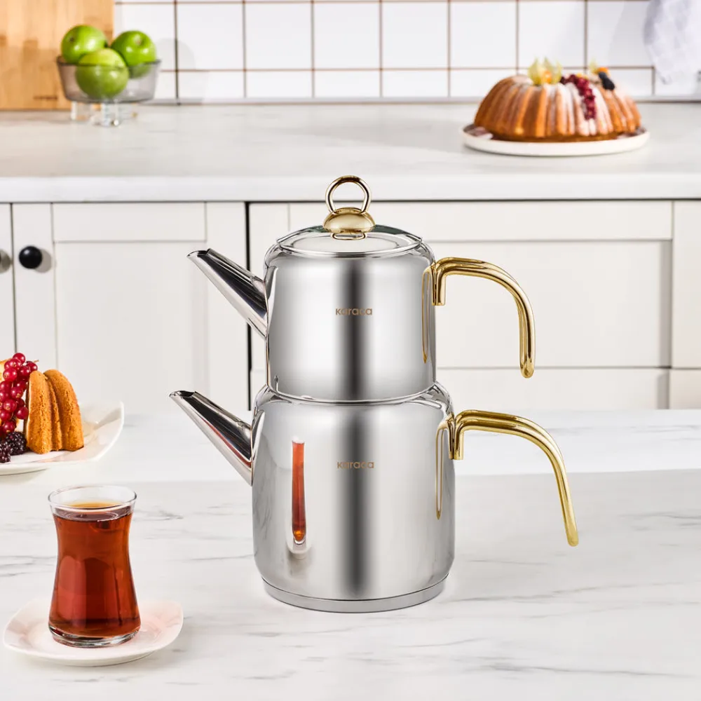 New Mira Midi Size Stainless Steel Teapot Set, Large, Turkish Teapots