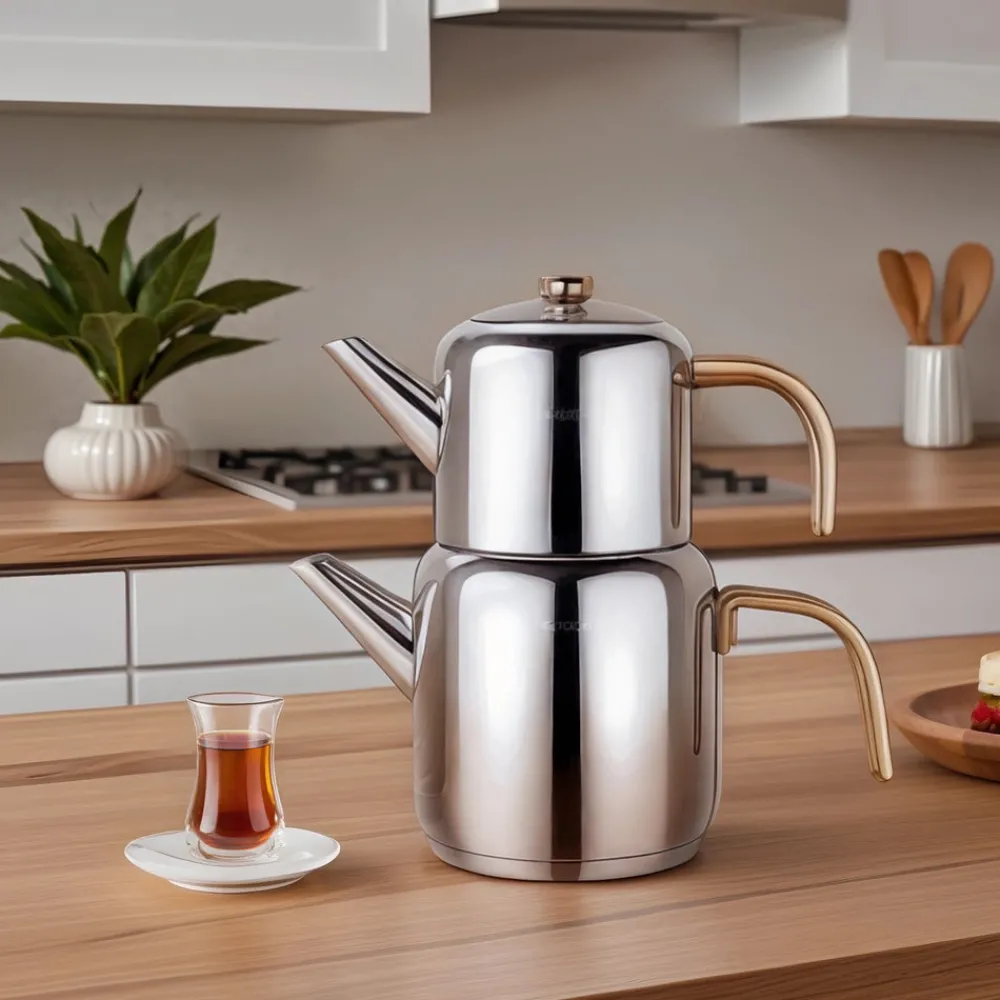 New Mira Midi Size Stainless Steel Teapot Set, Large, Turkish Teapots