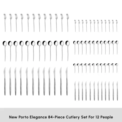Discount New Porto Elegance 84-Piece Stainless Steel Cutlery Set for 12 People, Silver Cutlery Sets
