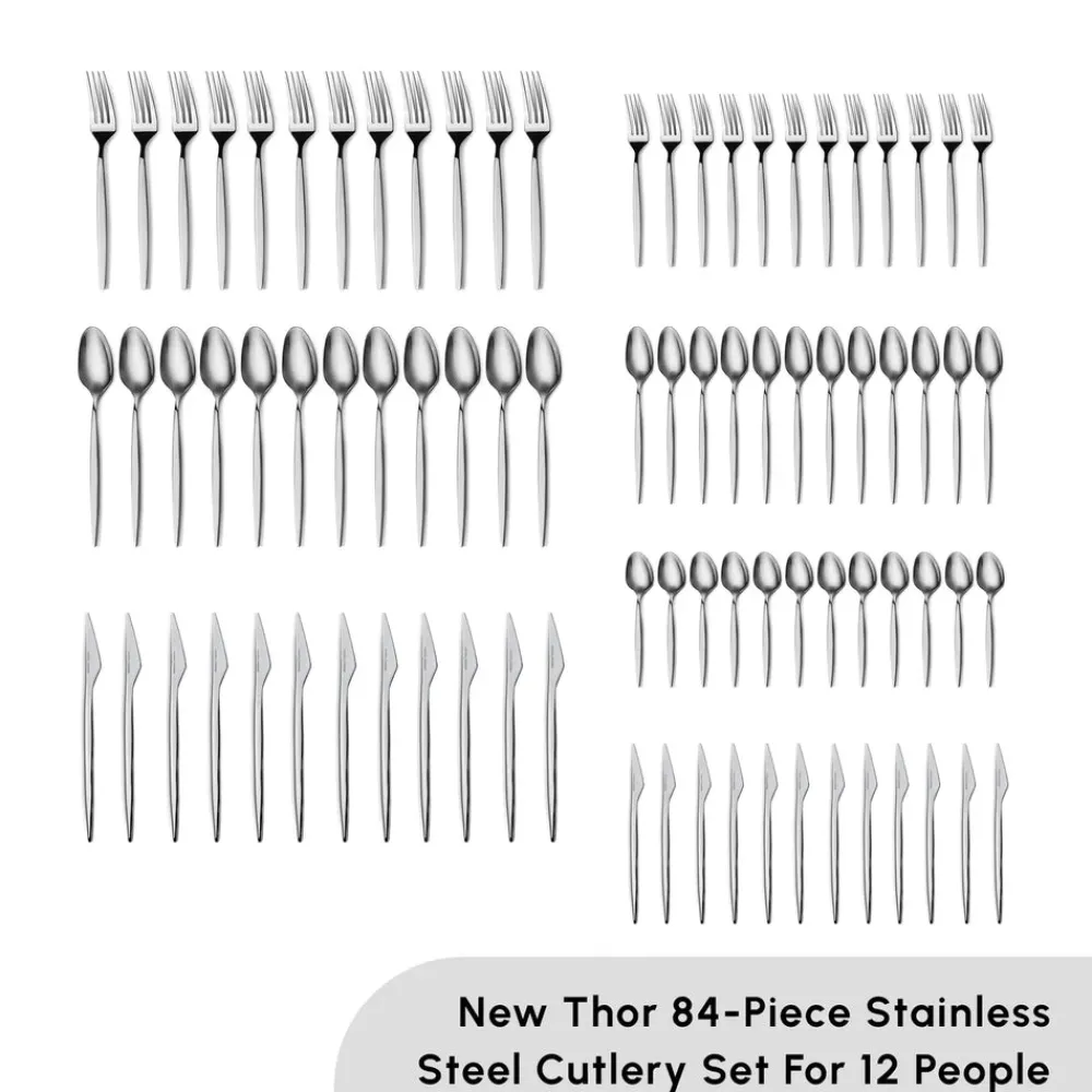 Best New Thor 84-Piece Stainless Steel Cutlery Set for 12 People, Silver Cutlery Sets