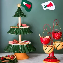 Hot New Year Christmas Tree Ceramic 3-Tier Cake Stand, 44cm, Multi Serving Platters