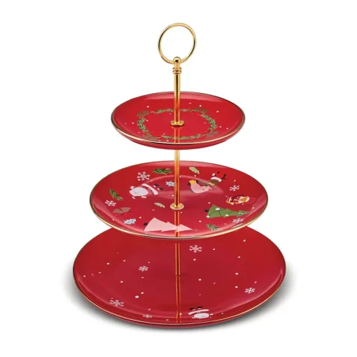 New New Year Christmas New Generation Bone Golden Line 3-Tier Cake Stand, Red Multi Serving Platters