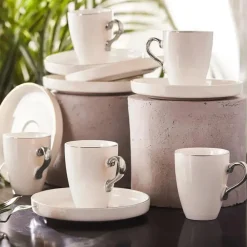 Sale Pippo 12 Piece Porcelain Espresso Turkish Coffee Cup Set for 6 People, 75ml, White Silver Espresso & Turkish Coffee Cup Sets