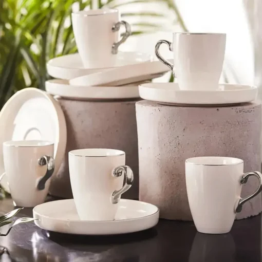 Sale Pippo 12 Piece Porcelain Espresso Turkish Coffee Cup Set for 6 People, 75ml, White Silver Espresso & Turkish Coffee Cup Sets