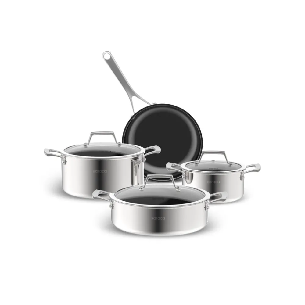 New Plasma Steel 3Ply 7-Piece Non-Stick Induction Cookware Set, Silver Stainless Steel Cookware Sets