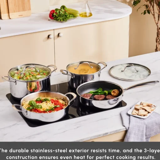 Hot 3Ply Stainless Steel Sparkle 7-Piece Non-Stick Induction Cookware Set, Silver Stainless Steel Cookware Sets