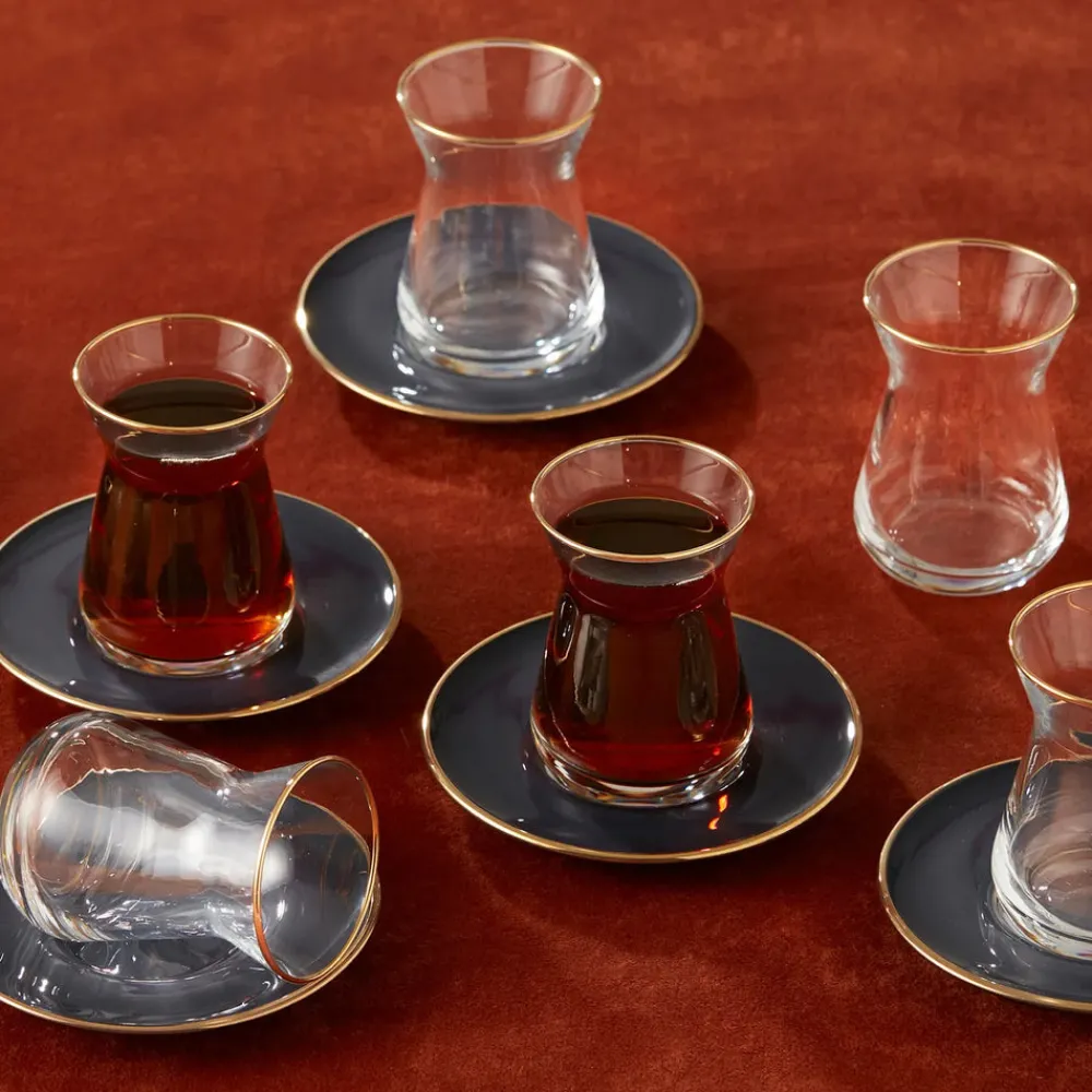 Best Retro 12-Piece Glass Turkish Tea Set for 6 People, 132ml, Anthracite Gold Turkish Tea Sets