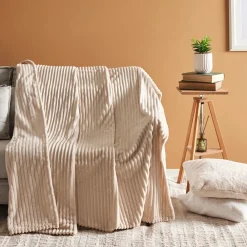 Clearance Ruby Stripe Wellsoft Blanket, Double, Ecru Throws & Blankets