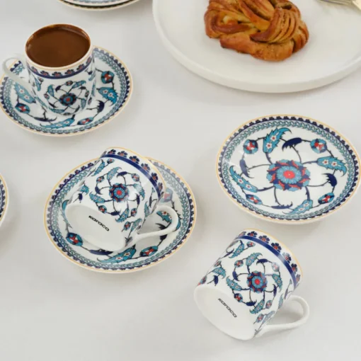 Hot Rumi 12-Piece Bone China Turkish Coffee Cup Set for 6 People, 80ml, Multi Espresso & Turkish Coffee Cup Sets