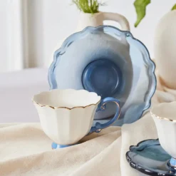 Outlet Samo 4-Piece Bone China Acrylic Plated Espresso Turkish Coffee Cup Set for 2 People, 90ml, Navy Blue Multi Espresso & Turkish Coffee Cup Sets