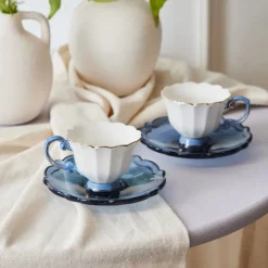 Outlet Samo 4-Piece Bone China Acrylic Plated Espresso Turkish Coffee Cup Set for 2 People, 90ml, Navy Blue Multi Espresso & Turkish Coffee Cup Sets