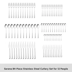Clearance Serena 84-Piece Stainless Steel Cutlery Set for 12 People, Silver Cutlery Sets
