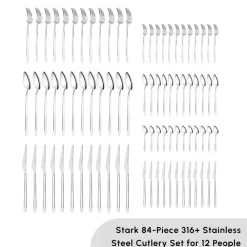 Hot Stark 84-Piece 316+ Stainless Steel Cutlery Set for 12 People, Silver Cutlery Sets