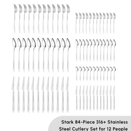 Hot Stark 84-Piece 316+ Stainless Steel Cutlery Set for 12 People, Silver Cutlery Sets