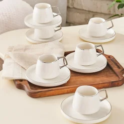 Outlet Streamline 12-Piece Porcelain Espresso Turkish Coffee Cup Set for 6 People, 100ml, White Silver Espresso & Turkish Coffee Cup Sets