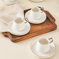 Outlet Streamline 12-Piece Porcelain Espresso Turkish Coffee Cup Set for 6 People, 100ml, White Silver Espresso & Turkish Coffee Cup Sets