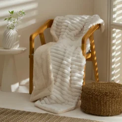 Clearance Stripe Sherpa Blanket, 130x150cm, White Throws & Blankets