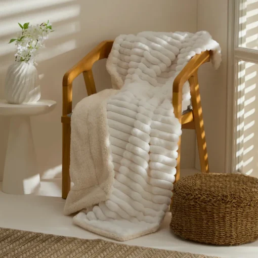 Clearance Stripe Sherpa Blanket, 130x150cm, White Throws & Blankets