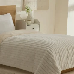 Discount Stripe Sherpa Blanket, 150x200cm, Single, White Throws & Blankets