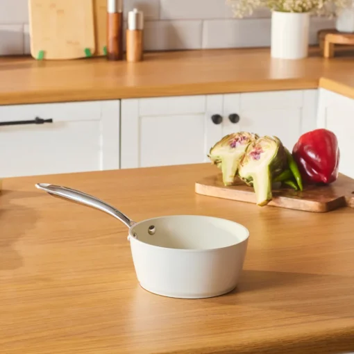 Clearance Swiss Crystal Almond Cream Non-Stick Induction Stainless Steel Handle Sauce Pan, 16cm, Cream Pans|Ceramic Cookware