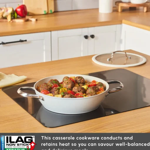Best Swiss Crystal Almond Cream Non-Stick Induction Stainless Steel Handle Shallow Casserole & Lid, 26cm, Cream Pots|Ceramic Cookware