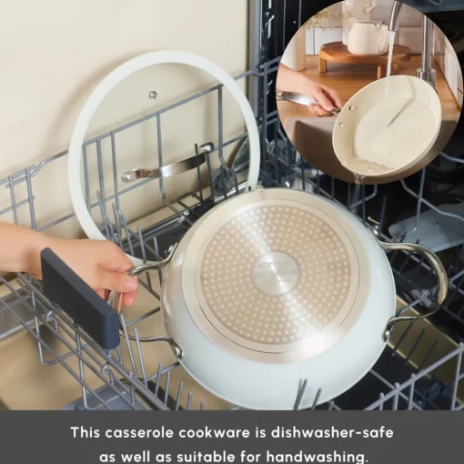 New Swiss Crystal Almond Cream Non-Stick Induction Stainless Steel Handle Casserole & Lid, 18cm, Cream Pots|Ceramic Cookware