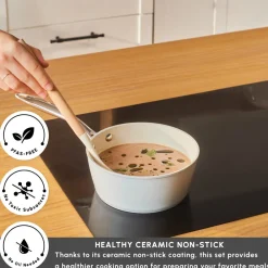 Clearance Swiss Crystal Almond Cream Non-Stick Induction Stainless Steel Handle Sauce Pan, 18cm, Cream Pans|Ceramic Cookware