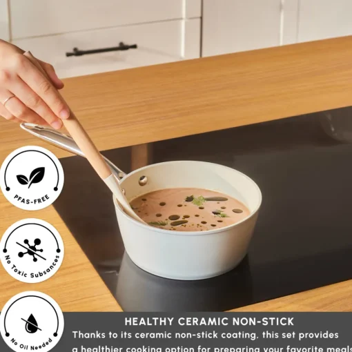 Clearance Swiss Crystal Almond Cream Non-Stick Induction Stainless Steel Handle Sauce Pan, 18cm, Cream Pans|Ceramic Cookware