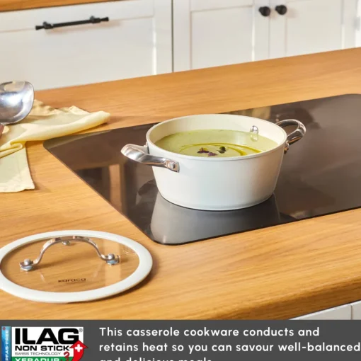 Swiss Crystal Almond Cream Non-Stick Induction Stainless Steel Handle Casserole & Lid, 20cm, Cream Pots|Ceramic Cookware