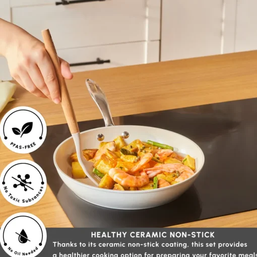 Swiss Crystal Almond Cream Non-Stick Induction Stainless Steel Handle Pan, 26cm, Cream Pans|Ceramic Cookware