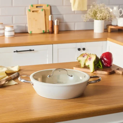 Discount Swiss Crystal Almond Cream Non-Stick Induction Stainless Steel Handle Shallow Casserole & Lid, 30cm, Cream Pots|Ceramic Cookware