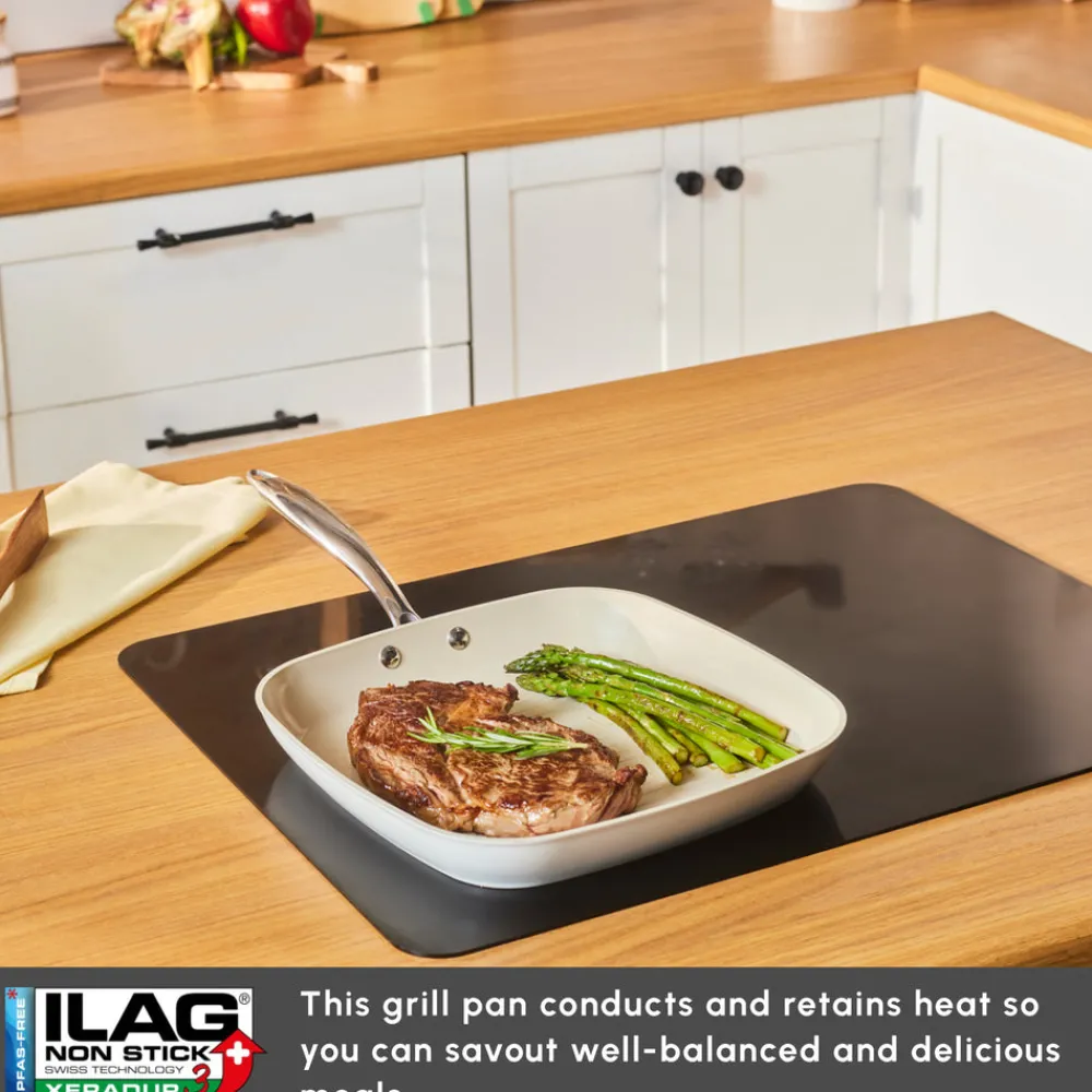 Hot Swiss Crystal Almond Cream Non-Stick Induction Stainless Steel Handle Grill, 28cm, Cream Pans|Ceramic Cookware