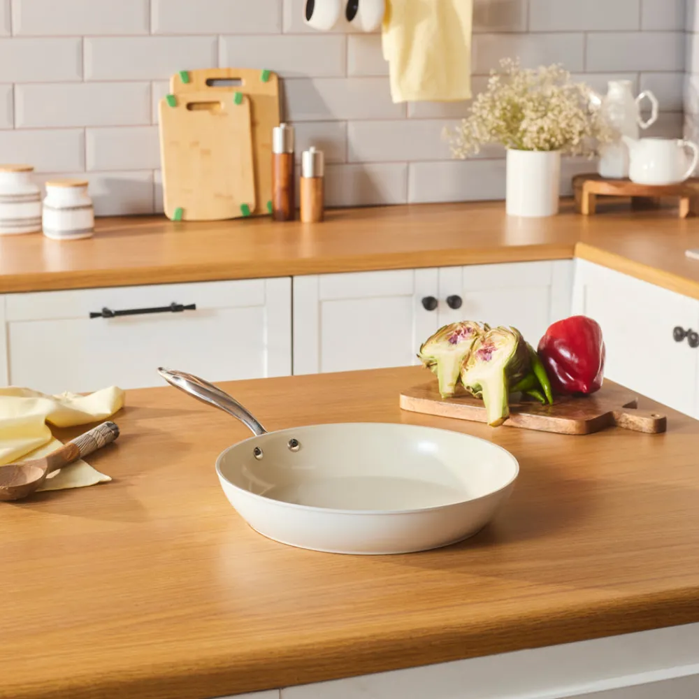 Outlet Swiss Crystal Almond Cream Non-Stick Induction Stainless Steel Handle Pan, 30cm, Cream Pans|Ceramic Cookware