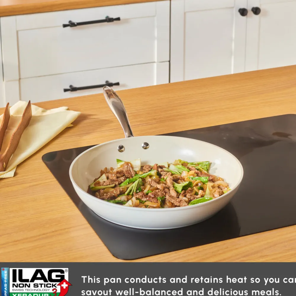 Outlet Swiss Crystal Almond Cream Non-Stick Induction Stainless Steel Handle Pan, 30cm, Cream Pans|Ceramic Cookware