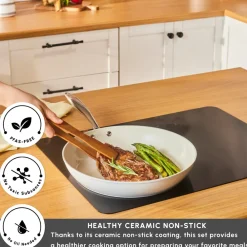 Best Swiss Crystal Almond Cream Non-Stick Induction Stainless Steel Handle Pan, 32cm, Cream Pans|Ceramic Cookware