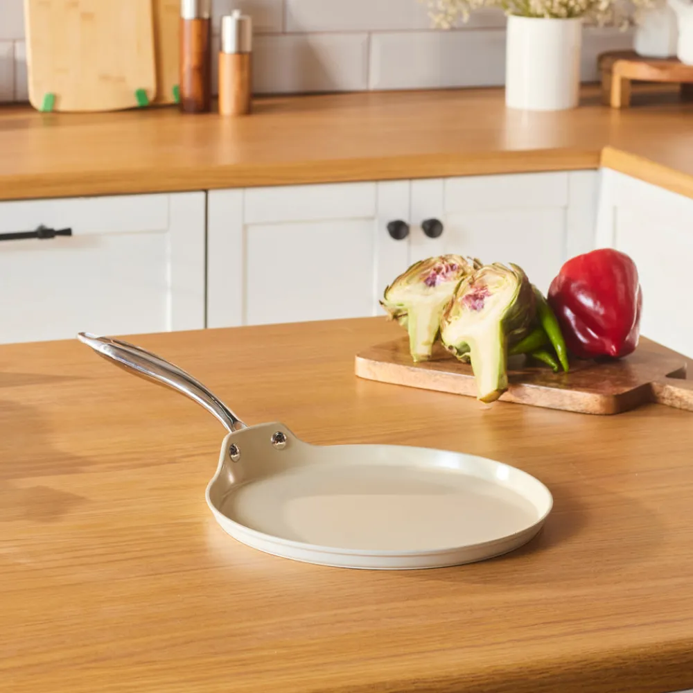 Online Swiss Crystal Almond Cream Non-Stick Induction Stainless Steel Handle Pancake Pan, 25cm, Cream Pans|Ceramic Cookware