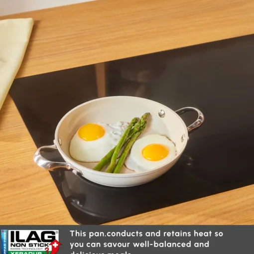Best Swiss Crystal Almond Cream Non-Stick Induction Stainless Steel Handle Shallow Pan, 20cm, Cream Ceramic Cookware|Pans
